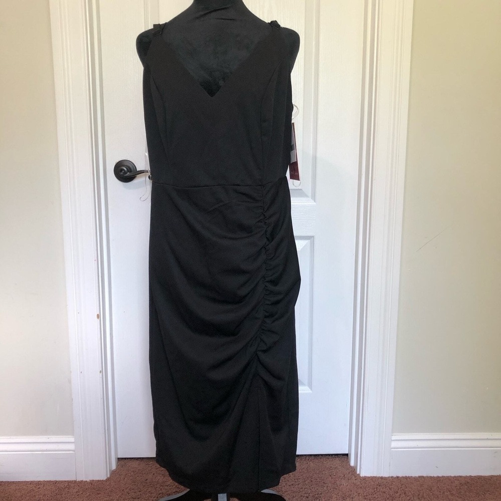 Emerald Sundae‎ Womens Black Ruched V-Neck Midi Cocktail Dress GBUP3405 Size 14